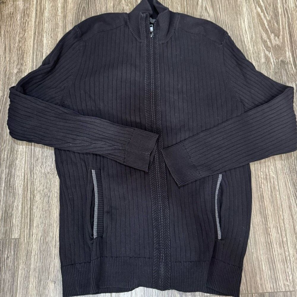 Alfani Ribbed Sweater Men's Medium Deep Black Full Zip Mock Neck Long Sleeves +